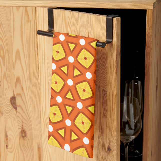 Orange square & triangle naïve retro pattern kitchen towel (Thirds Fold)