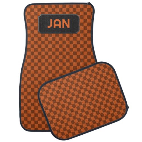 Orange Squares _ Checkered Pattern _ add initials  Car Floor Mat