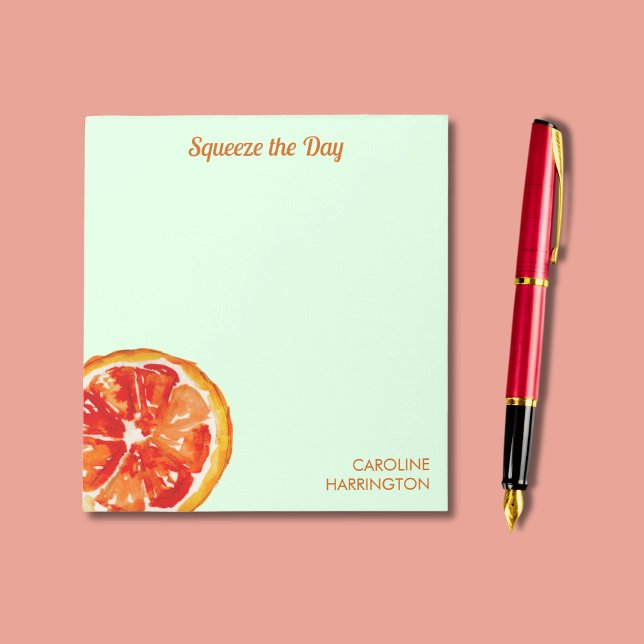Orange Squeeze the Day Cute Inspirational Citrus Notepad (This inspirational notepad features my hand-painted citrus slice on a lime creme background.)