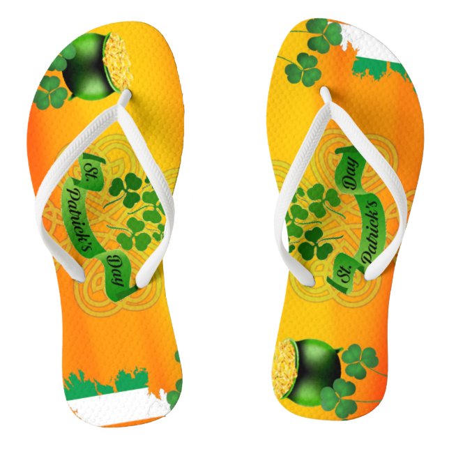 Orange St Patricks Day Shamrock Pot o' Gold Flag Flip Flops (Footbed)