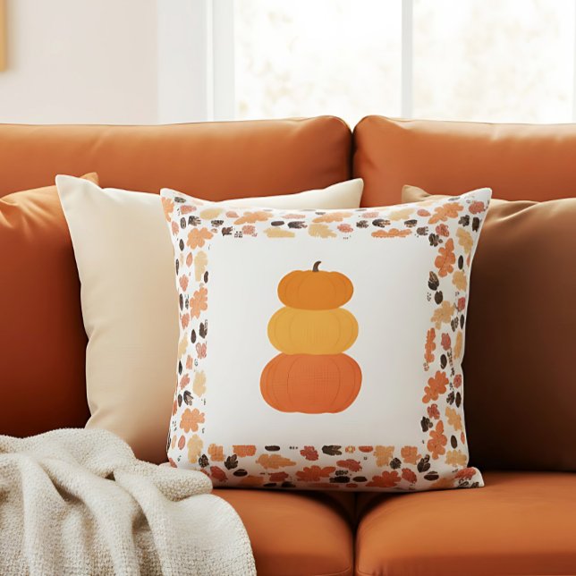 Orange Stacked Pumpkins Farmhouse Fall Decor Throw Pillow (Autumn pumpkin pillow with leaf pattern brings charm to a cozy warm-toned sofa.)
