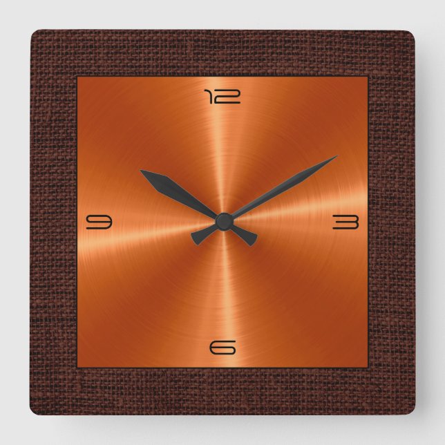 Orange Stainless Steel Modern Burlap Border Square Wall Clock (Front)