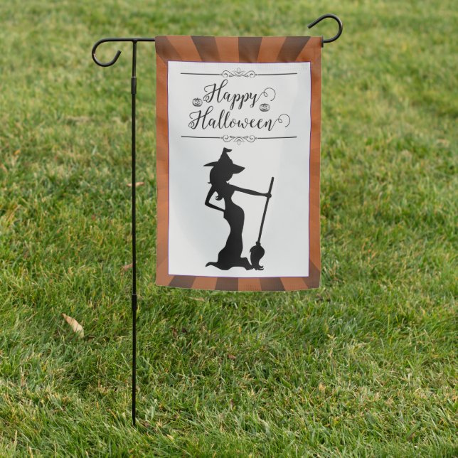 Orange Starburst Witch Halloween Garden Flag (In SItu)