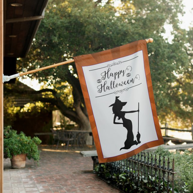 Orange Starburst Witch Halloween House Flag (In SItu)