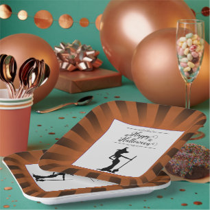 Orange Starburst Witch Halloween Paper Plates