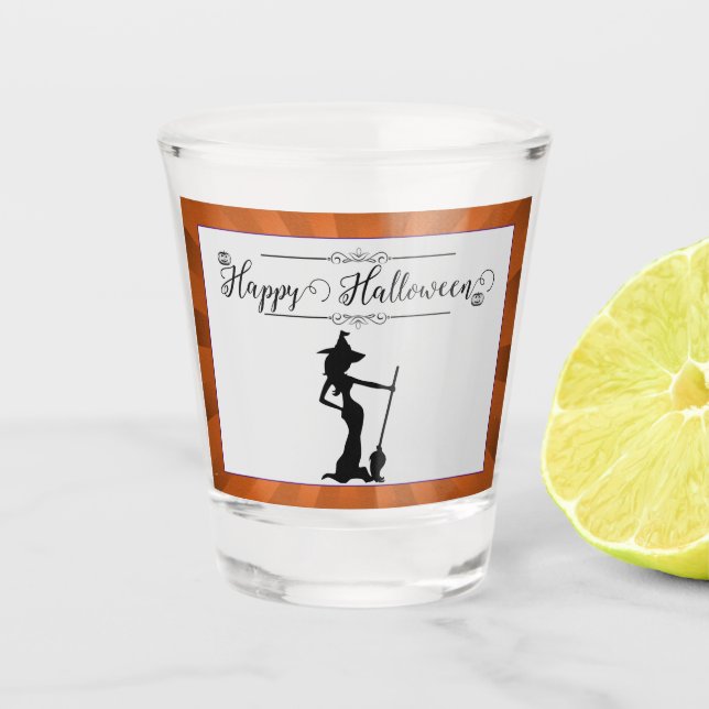 Orange Starburst Witch Halloween Shot Glass (Front)