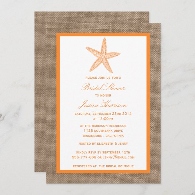 Orange Starfish Beach Burlap Bridal Shower Invitation (Front/Back)