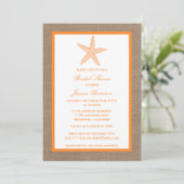 Orange Starfish Beach Burlap Bridal Shower Invitation (Standing Front)