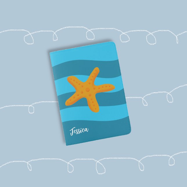 Orange Starfish Blue Waves Passport Holder (Orange starfish , abstract blue waves pattern background passport holder . )