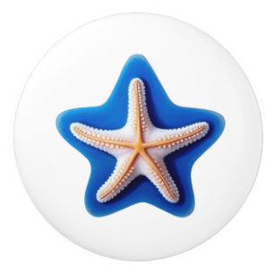 Orange Starfish in Blue Ceramic Knob
