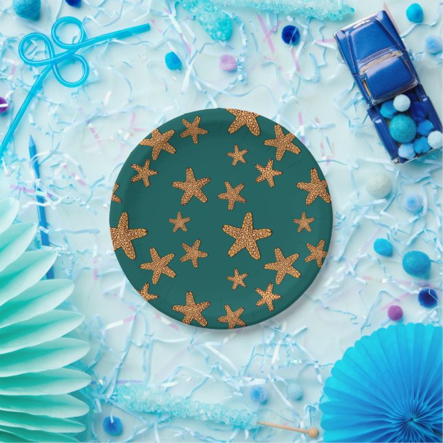 Orange Starfish Pattern Paper Plates (Party)