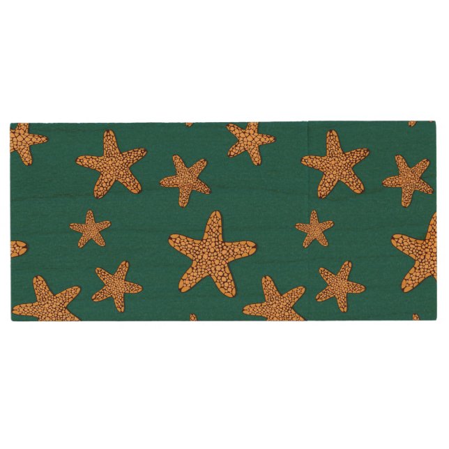 Orange Starfish Pattern Wood USB Flash Drive (Front)