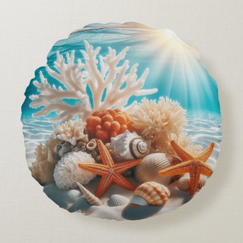 Orange Starfish Under The Ocean  Round Pillow