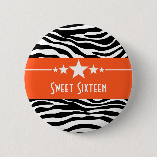 Orange Stars Zebra Print Sweet 16 Button (Front)