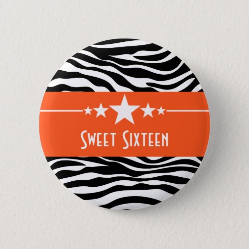 Orange Stars Zebra Print Sweet 16 Button