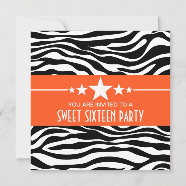 Orange Stars Zebra Print Sweet 16 Invite (Front)