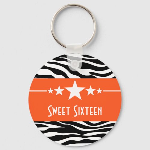 Orange Stars Zebra Print Sweet 16 Keychain
