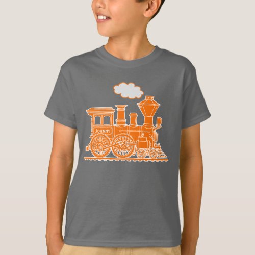 Orange steam loco train custom name kids t_shirt