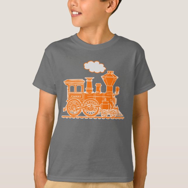 Orange steam loco train custom name kids t-shirt (Front)