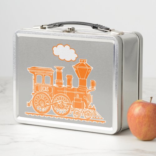 Orange steam loco train kids name lunch box
