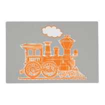 Orange steam train on gray laminated placemat Orange steam train on gray laminated placemat