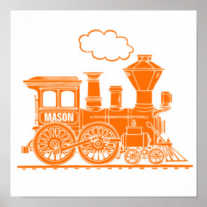 Orange steam train personalized boys nursery art poster