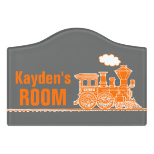 Orange steam train puffing custom name door sign