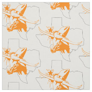 Orange Steer Head With Cowboy Hat In Texas Shape Fabric