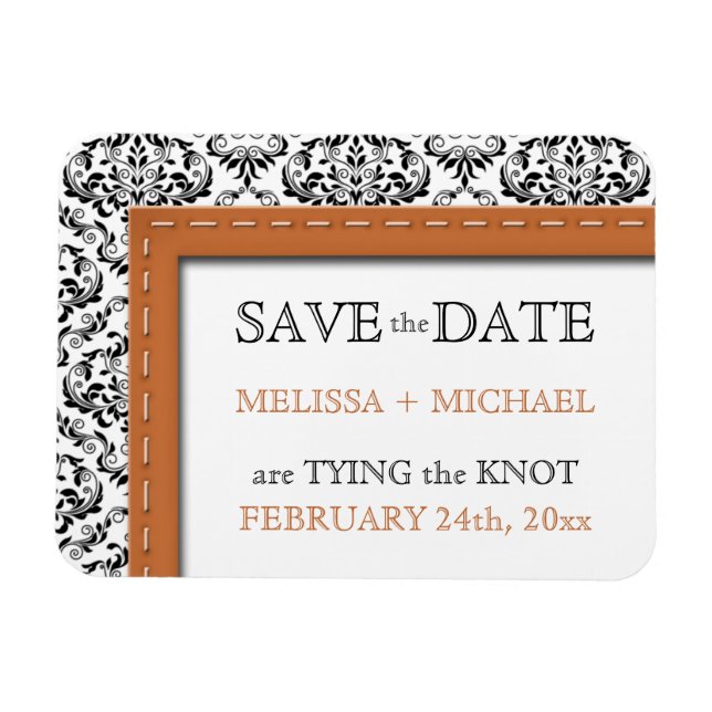 Orange Stitched Damask flat Save the Date Magnet (Horizontal)