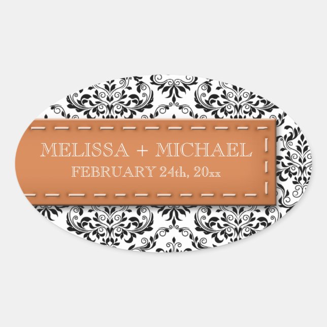 Orange Stitched Damask Wedding Large Favor Sticker (Front)