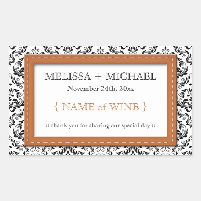 Orange Stitched Damask Wedding Wine Labels (Front)