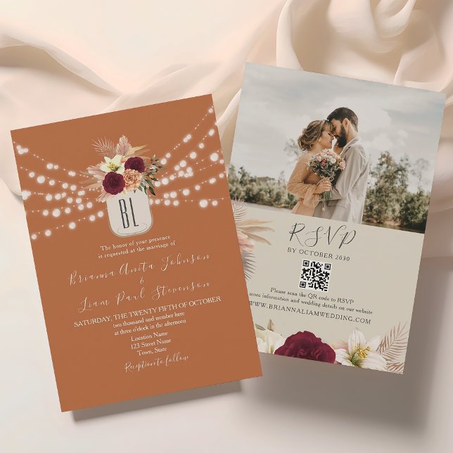 Orange String Lights Floral Wedding QR Code Invitation (Creator Uploaded)