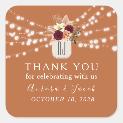 Orange String Lights Wedding Thank You Square Sticker