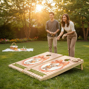 Orange Stripe Bunny Rabbit & Bear Cub Farmhouse  Cornhole Set