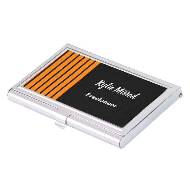 Orange stripe lines black business card case (Front)