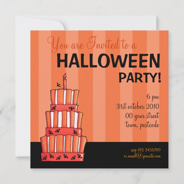 Orange Striped bats Cake Halloween Invitation (Front)
