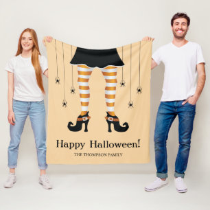 Orange Striped Witch Legs And Spiders Halloween Fleece Blanket
