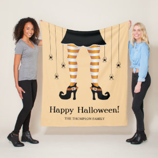 Orange Striped Witch Legs And Spiders Halloween Fleece Blanket