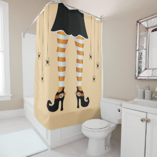 Orange Striped Witch Legs And Spiders Halloween Shower Curtain