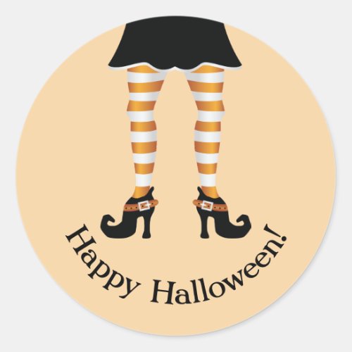 Orange Striped Witch Legs Happy Halloween Text Classic Round Sticker