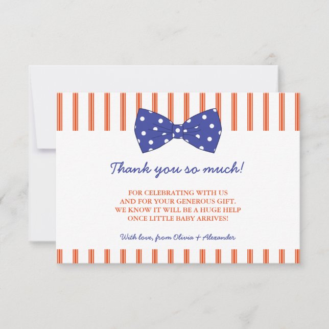 Orange Stripes & Blue Bow | Baby Shower Thank You Card (Front)