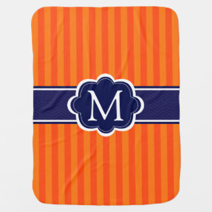 Orange Stripes Navy Blue Custom Monogram Initial Baby Blanket
