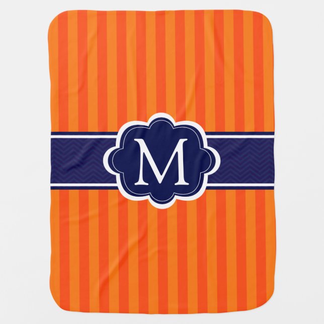 Orange Stripes Navy Blue Custom Monogram Initial Baby Blanket (Front)