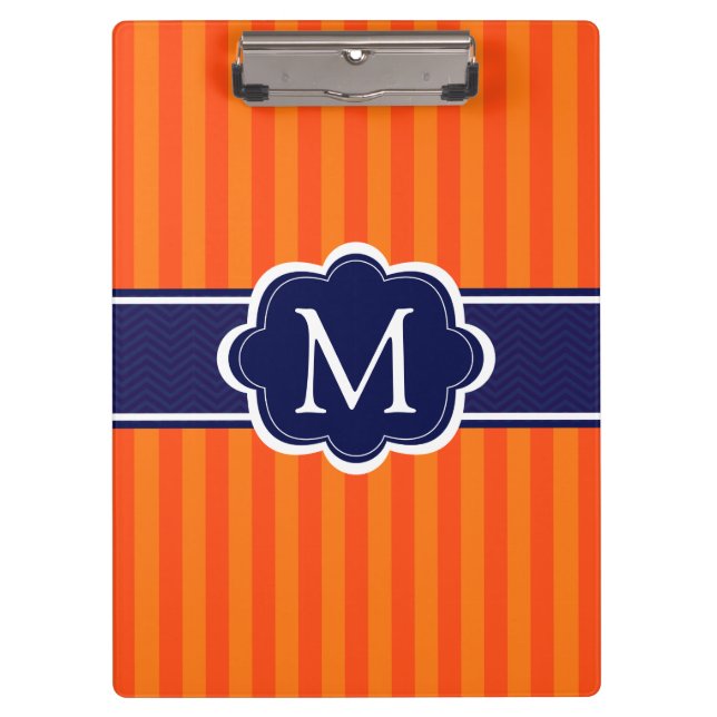 Orange Stripes Navy Blue Custom Monogram Initial Clipboard (Front)