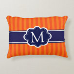 Orange Stripes Navy Blue Custom Monogram Initial Decorative Pillow<br><div class="desc">Modern and stylish orange stripes with navy blue banner frame design in middle forn your personalized monogram initial.</div>