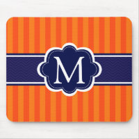 Orange Stripes Navy Blue Custom Monogram Initial Mouse Pad