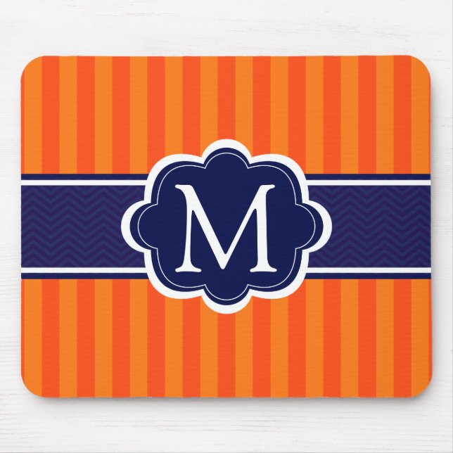 Orange Stripes Navy Blue Custom Monogram Initial Mouse Pad (Front)