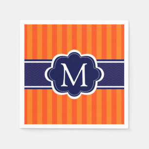 Orange Stripes Navy Blue Custom Monogram Initial Paper Napkins