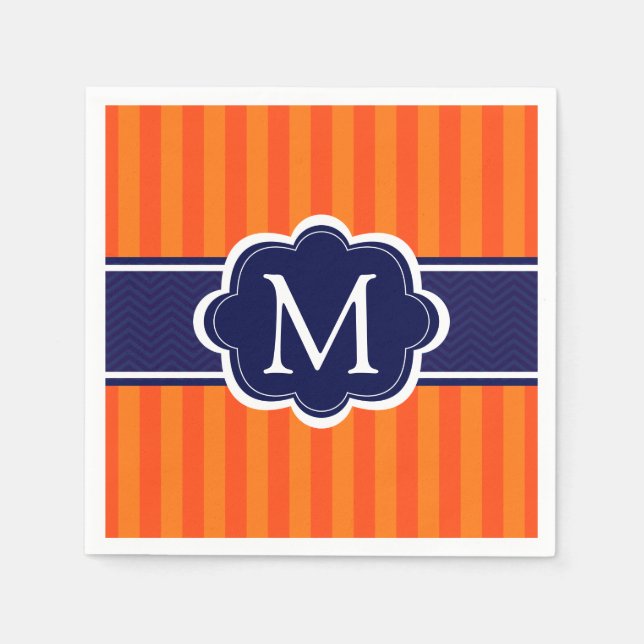 Orange Stripes Navy Blue Custom Monogram Initial Paper Napkins (Front)
