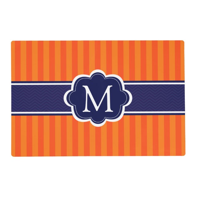 Orange Stripes Navy Blue Custom Monogram Initial Placemat (Front)
